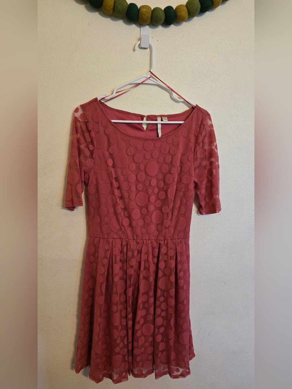 Lauren Conrad Coral Polka Dot Dress Sheer Sleeves Size 8 Elastic Waist Lined
